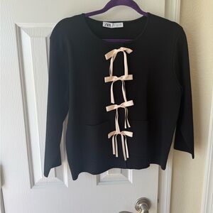 NWOT Zara Black Top with Pink Satin Bows